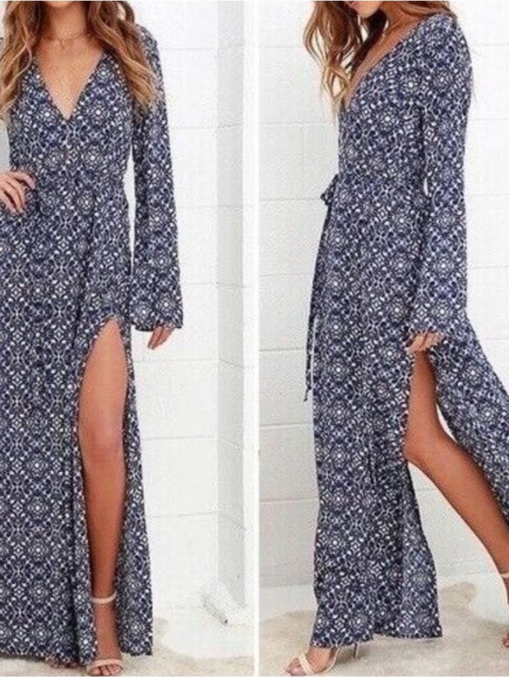 NWT Lulu's Navy Blue Printed Long Sleeve Maxi Dress with Side Slit Size M